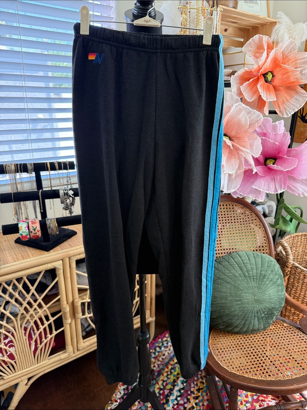 Aviator Nation 5 Stripe Charcoal Blue Elastic Waist Sweatpants